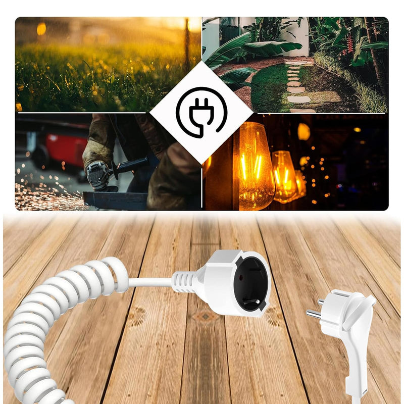 Earthing Contact Spiral Extension, 0.8 m to 2 m Stretchable Spiral Cable with Flat Plug and Earthing Contact Coupling, (230 V/16 A) PVC Extension Cable, IP20, White WS 2M LG