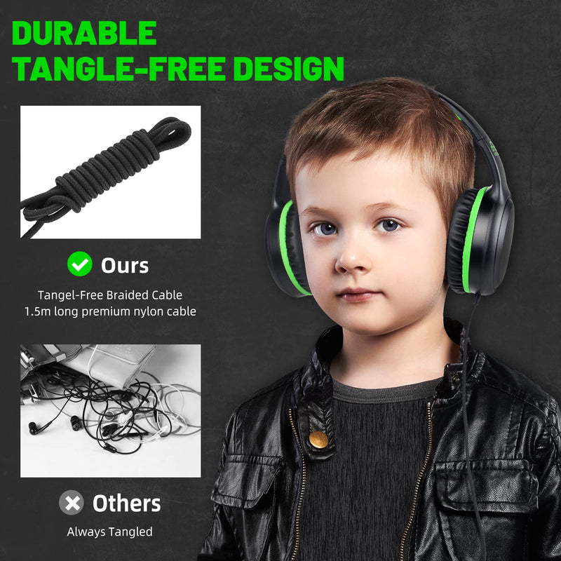 Green Wired Headphones for Boys Portable On Ear Youth Headphones for School Airplane Travel Lightweight Portable Compatible with Pad Computer Laptop for Adults Student Children Girls Kids Black/Green