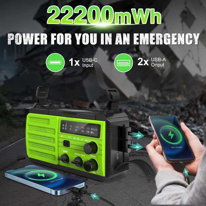 Emergency Radio 22200mWh Solar Hand Crank Emergency Radio: AM/FM/NOAA Weather Radio with Phone Charger, Flashlight & Reading Lamp, Headphone Jack, SOS Alarm for Home Survival Hurricane Green-6000mAh