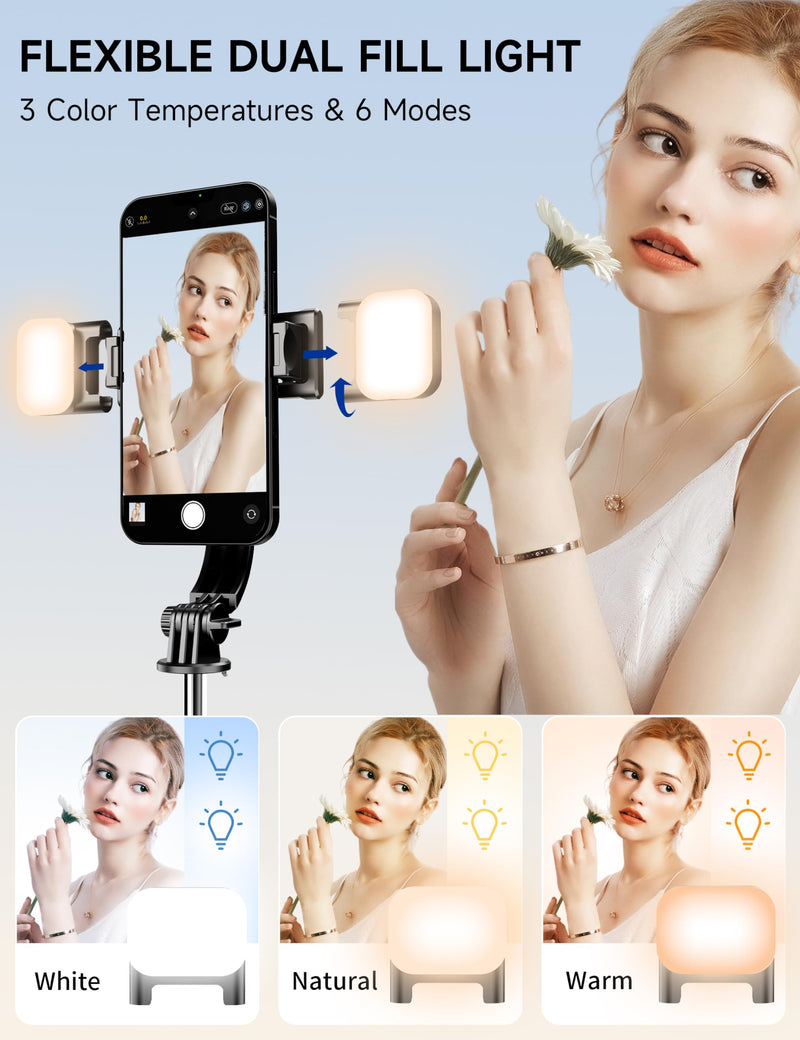 45" Selfie Stick Tripod with 2 Lights, Extendable 5 in 1 Selfie Stick Phone Tripod, Portable Selfie Sticks with Wireless Remote Compatible with iPhone 15/14/13 Pro Max, Samsung, Android, Gopro Black(with 2 Light)