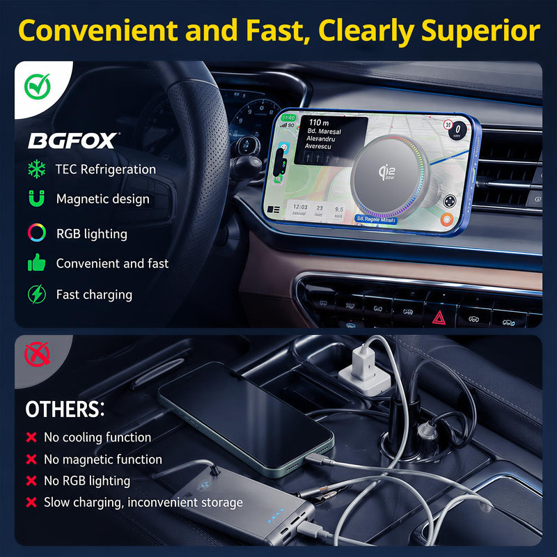 Qi2.2 25W Car Charger Mount Compatible with MagSafe Car Charger | TEC Cooling and 7-Color Fan, Wireless Car Charger Magnetic Phone Holder for iPhone 17/16/15/14/13/12