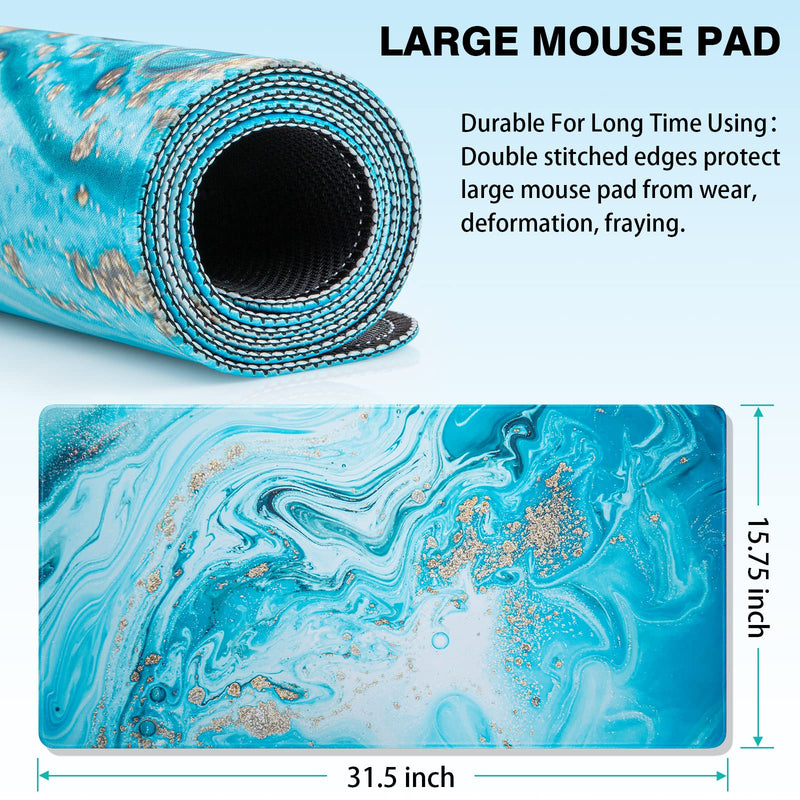 Large Mouse Pad, Marble Desk Mat, Canjoy 31.5" x 15.7" Extended Gaming Mouse Pad Waterproof Computer Keyboard Mousepads with Non-Slip Rubber Base for Work, Game, Office, Home Light Blue Gold Marble