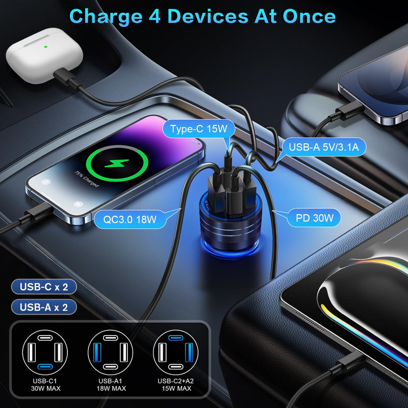 5-Pack Car Charger, Ancekoy 65W 4-Port Car Charger Adapter with Voltmeter | PD+QC3.0 Fast Charging Cigarette Lighter USB Charger Pack for iPhone 17 16 15, Samsung Galaxy, iPad,Android,Black 5-Pack Black