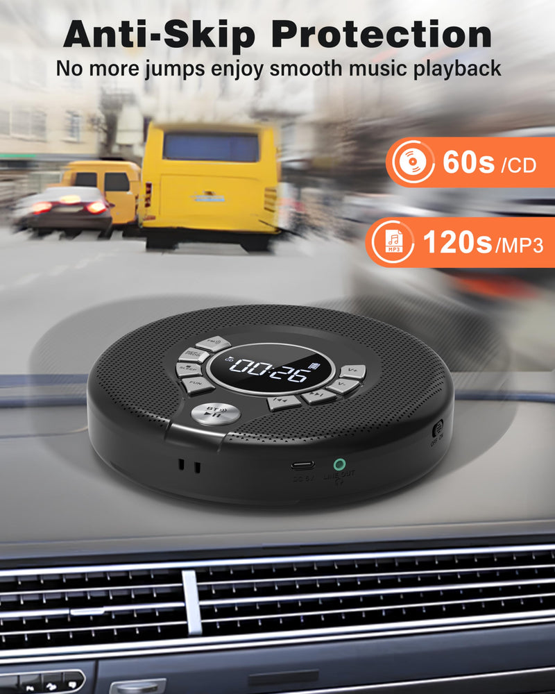 [AUSTRALIA] - Greadio Portable Bluetooth CD Player with 2000mAh Rechargeable, Personal CD Player for Car with FM Transmitter/AUX, CD Discman Player with Headphone, 120s Anti-Skip, USB Port, Backlight (Black) Black-CD Player with FM Transmitter 