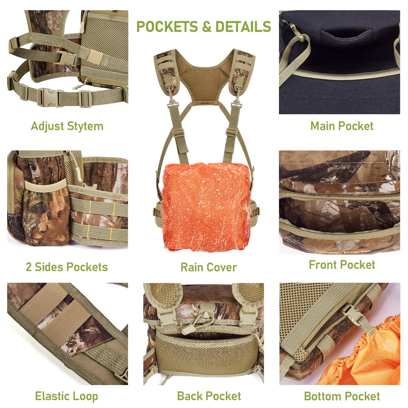 Binocular Harness Chest Pack with Rangefinder Pouch, Compatible with Most Hunting Backpacks, Bino Harness with Rain Cover for Bird Watching, Hunting, Hiking Compatible Version