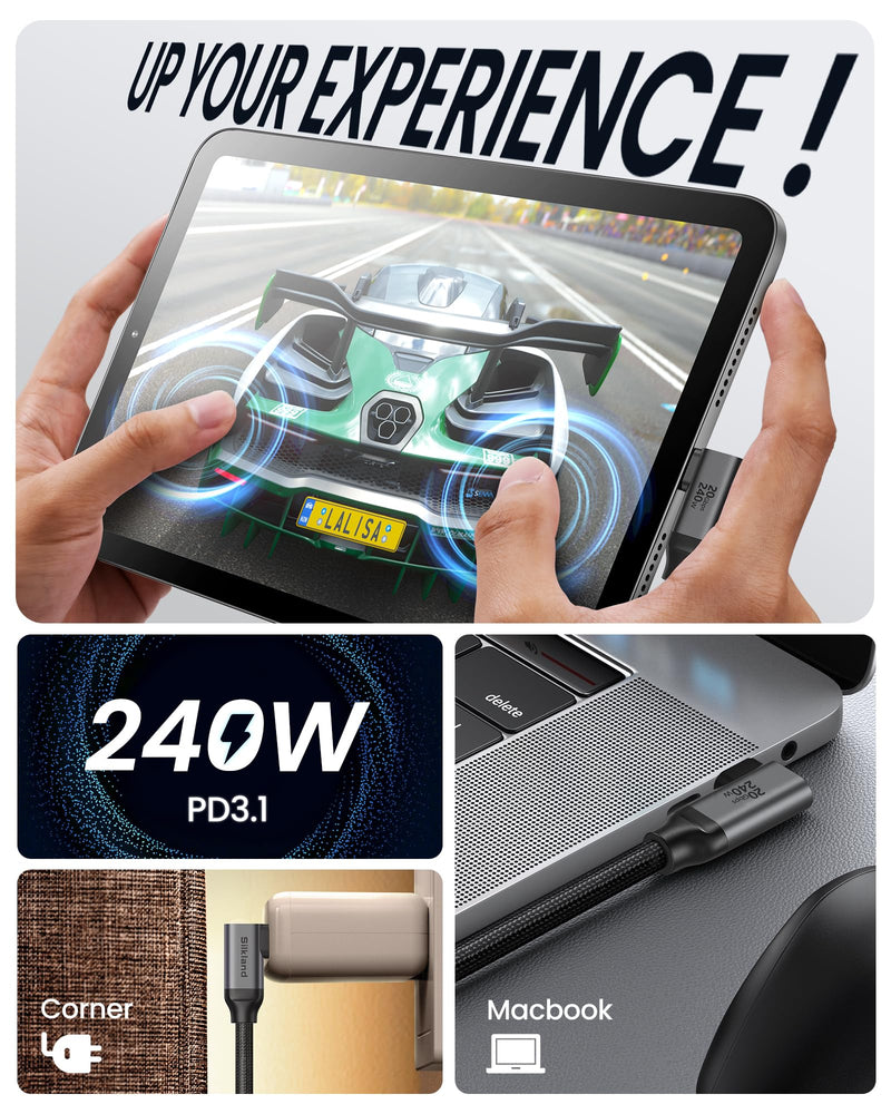 Silkland Long USB C Monitor Cable 90 Degree 15FT, 8K@30Hz 5K/4K@60Hz Output | 20Gbps Data Transfer, Right Angle USB C 3.2 Gen 2x2 Cable, 240W PD Charging for iPhone 17,MacBook, Portable Monitor, Carplay 15 Feet