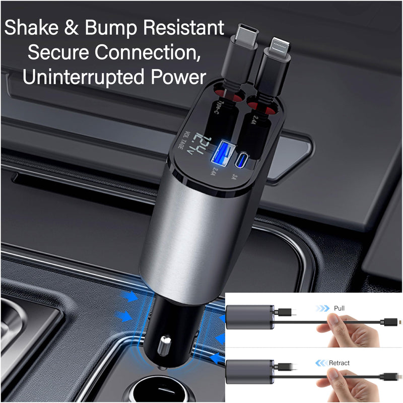 159W GaN 5-in-1 Retractable Car Charger, Dual Cig Lighter, 180° Adjust | Wide compatibility with cell phones, tablets and laptops for road travel power supply