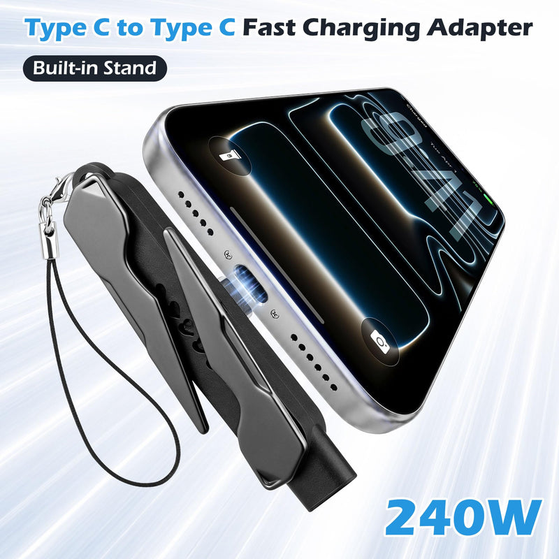 Aolcev 2Pack USB C Extender USB to USB C Adapter with Invisible Holder 240W Male to Female Adapter Extender 360° Adjustable Stand USB Type C Extender for iPhone 17 16 Pro 15 Pro Max MacBook Black