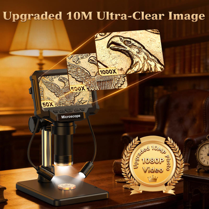 [AUSTRALIA] - 4.3" Coin Microscope for Error Coins (Detail View Only), 1000X Digital LCD Magnifier with Anti-Glare Side Lights, 1080P USB PC View (Win/Mac), Rechargeable Scope for Numismatic Grading 4.3inch 