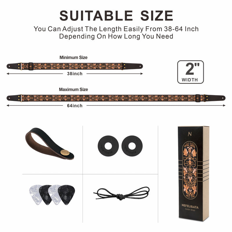 Nefelibata Guitar Strap, 2" Jacquard Embroidery Guitar Straps, Full Grain Leather Ends with Hidden Pocket, for Bass, Electric and Acoustic Guitars, Strap Button, Strap Locks and Guitar Picks Retro Gold Flowers