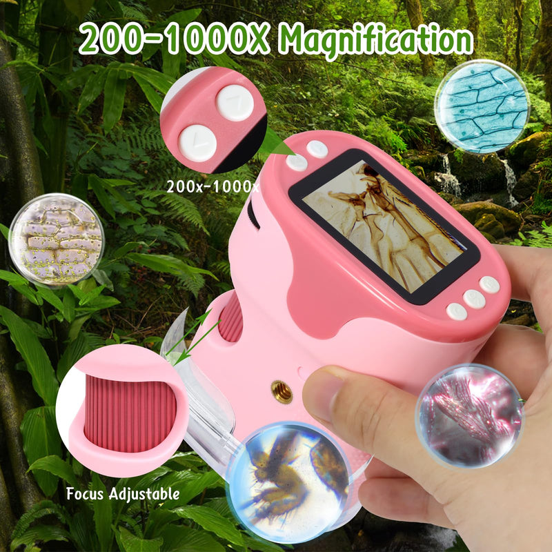 Handheld Digital Microscope for Kids with 2'' HD Screen, 200~1000X Pocket Microscope, Starter Kit with 6 Random Specimen Slides and 32G SD Card Included, Educational Gift for Children Age 6+ (Pink) Pink