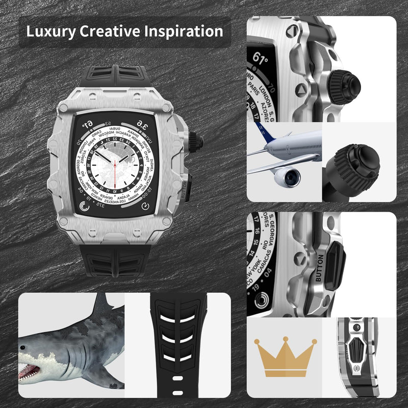 Luxury Rugged Case with Band Compatible for Apple Watch Series 9 8 7 45mm / SE 6 5 4 44mm, Metal Alloy Military Protective Bumper Cover, Tactical Heavy Duty Full Body Protection for Men iWatch Silver Black