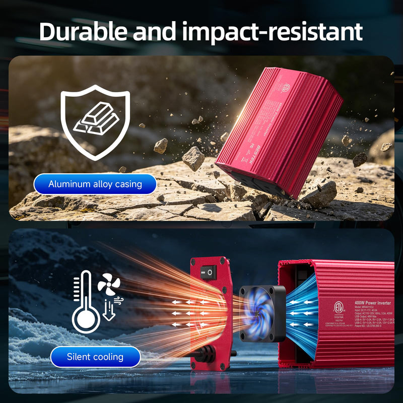 BESTEK 400W Car Power Inverter DC 12V to AC 110V Car Charger Plug Adapter | PD 30W USB-C & USB-A 3.0 Fast Charging, Car Charger Cigarette Lighter Adapter, Portable Outlet for Laptop, Road Trip, Camping Red