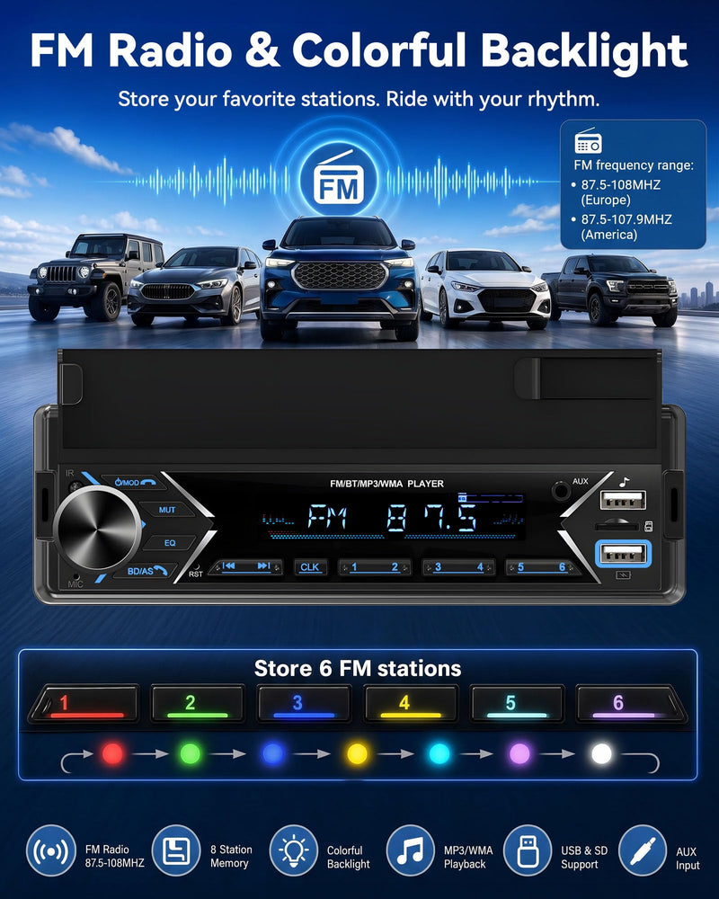 Single DIN Car Stereo Bluetooth Car Radio with FM/MP3/AUX Dual USB SWC Colorful Lights Phone Holder & Wireless MIC P2