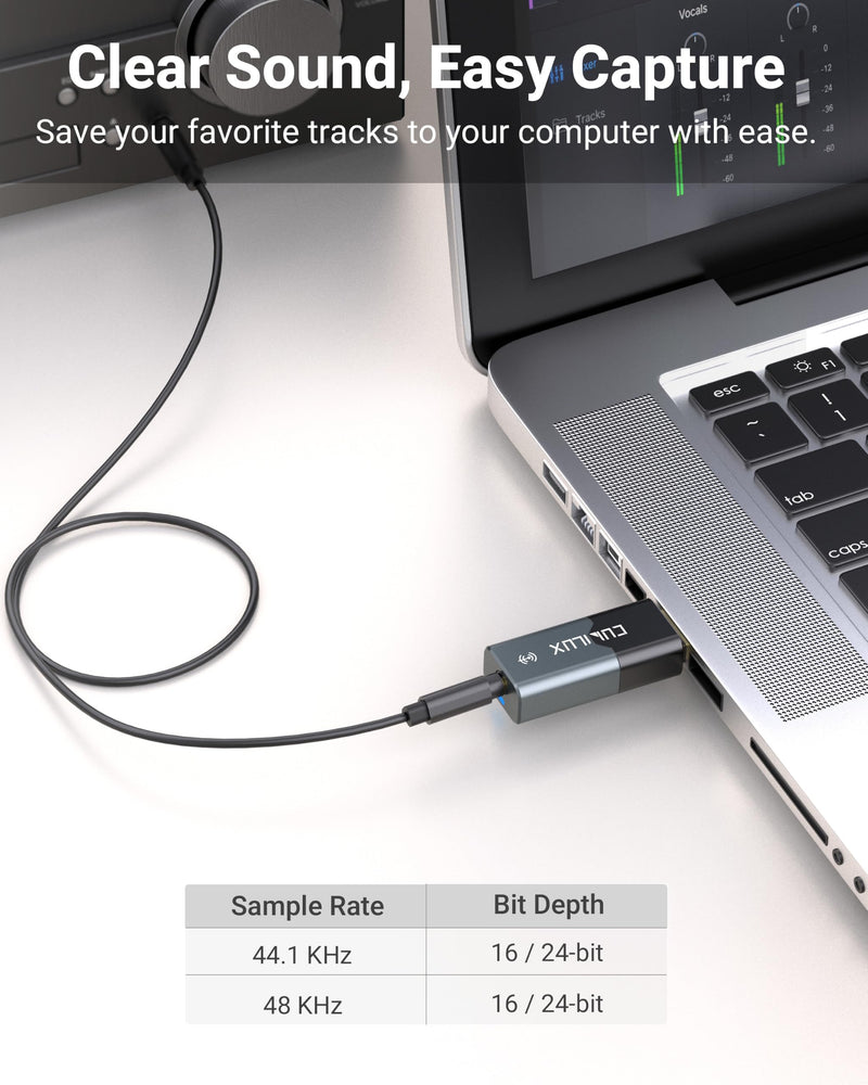 LA8 3.5mm Analog & Mini TOSLINK to USB Audio Capture Adapter | USB A Audio Capture Dongle, 1/8” Line-In / Mini Optical Input Audio Receiver