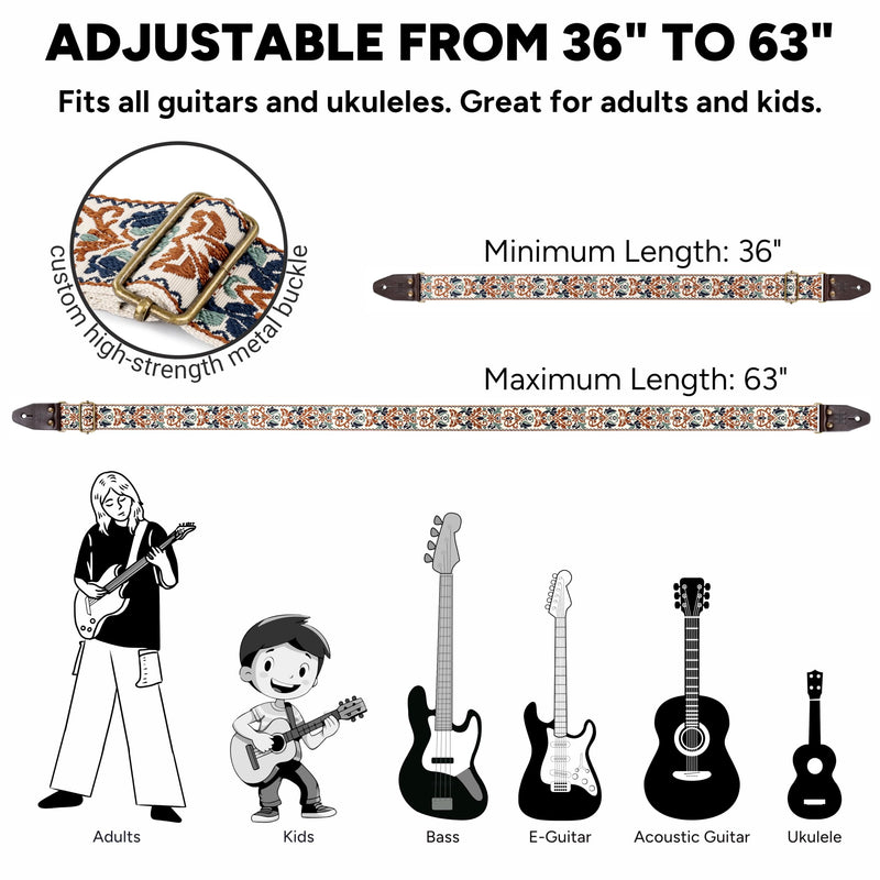 [AUSTRALIA] - Amumu Beige Brown Spades Heart Embroidery Guitar Strap - Vintage Style with Top Grain Cowhide Leather Ends & Pick Pocket - Fits Bass, Electric, Acoustic Guitars 