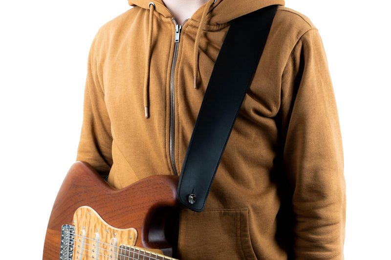 GUITAR STRAP Classsic Natural leather Adjustable length for Acoustic, Electric, Bass Guitars. Gift for Guitar Player. Release shoulder and neck tension (Black) Black