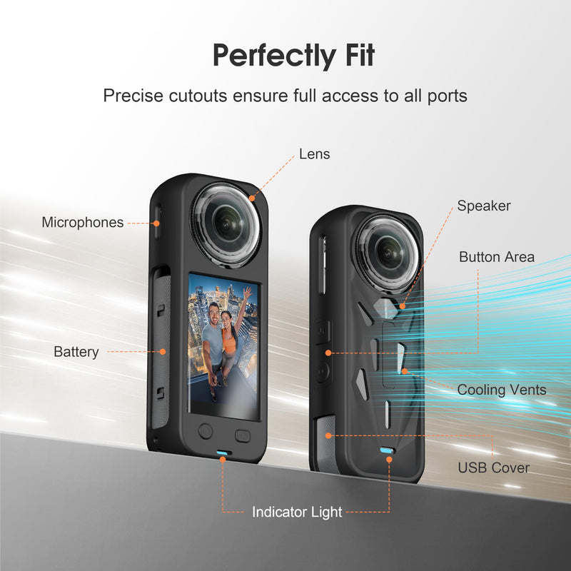 [AUSTRALIA] - Silicone Cover Case for Insta360 X5, Soft Lens Cap Protector All-Round Protective Case for Insta 360 X5 Accessories with Wrist Strap, Shockproof, Precision Fit, Charging Port Accessible (Black) Black 