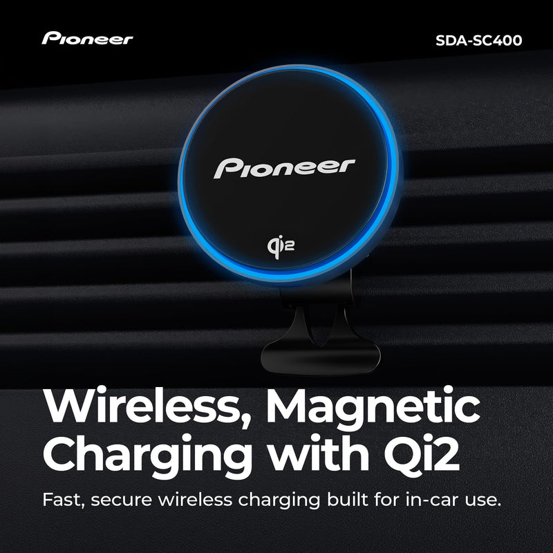 Pioneer Qi2 MagSafe Wireless Car Charger and Phone Mount | MagSafe Compatible, Air Vent Mount, Blue Illumination, Includes Metal Ring MagSafe Wireless Charger