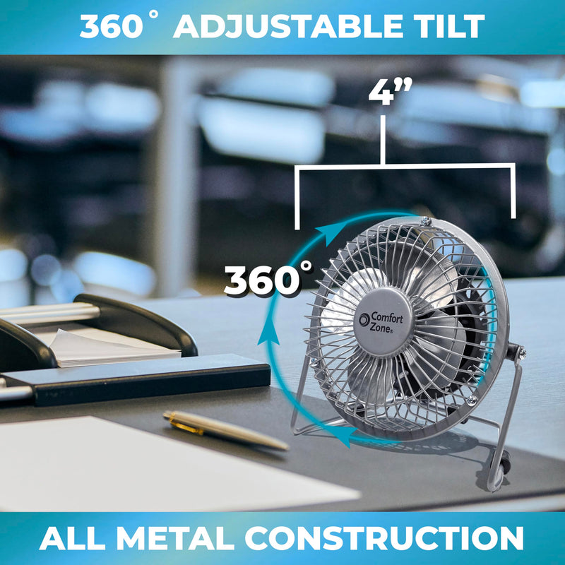 [AUSTRALIA] - Comfort Zone Mini Portable Desk Fan with 360-Degree Adjustable Tilt, Dual Powered (USB or Power Cord), 4 inch, All-Metal Construction, Airflow 3.31 ft/sec, Ideal for Home, Bedroom & Office, CZHV4BK Black 