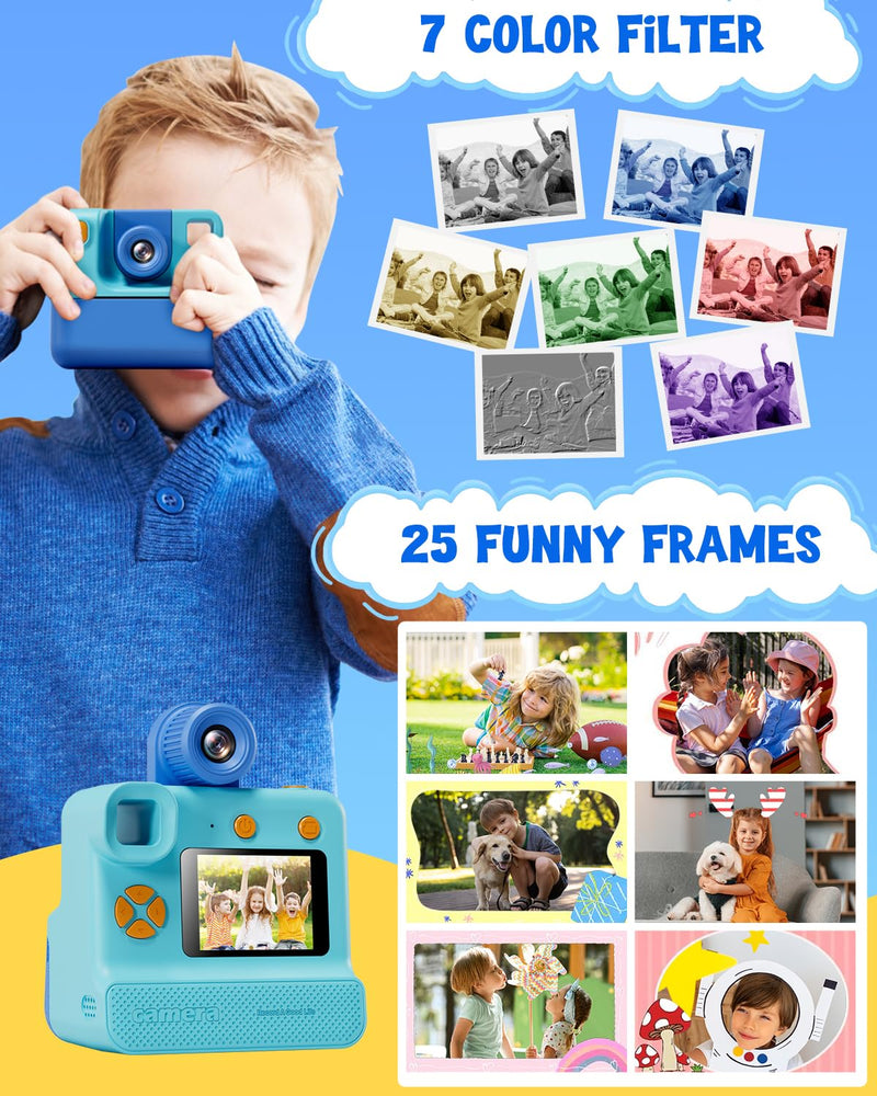 [AUSTRALIA] - Kids Camera Instant Print, Christmas Birthday Gifts for Toddle Girls Boys Age 3-12, 20MP & 1080P Selfie Digital Camera with 3 Roll No-Ink Print Paper 32G SD Card - Blue 
