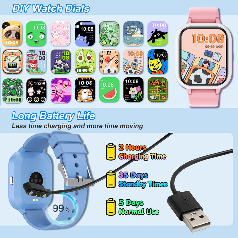 Kids Smart Watch 4-15 Ys, Standalone&APP Dual Use, Bluetooth Call, Kid Gift | 1.8'' IP68 Boys Girls Fitness Tracker, DIY Sports Modes, Heart Rate&Sleep Monitor, 13 Alarms, Weather, Smart Reminder, Games Pink-Bluetooth