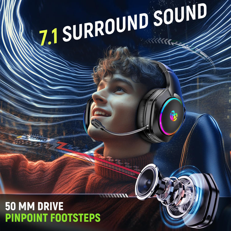[AUSTRALIA] - Tatybo Wireless Gaming Headset for Ps5 Ps4 PC, 2.4GHz USB & Type-C Gaming Headphones, 40Hrs & 7.1 Surround Sound Bluetooth Headphones with Noise Canceling Mic, Wireless Headset for Switch Phone Black 