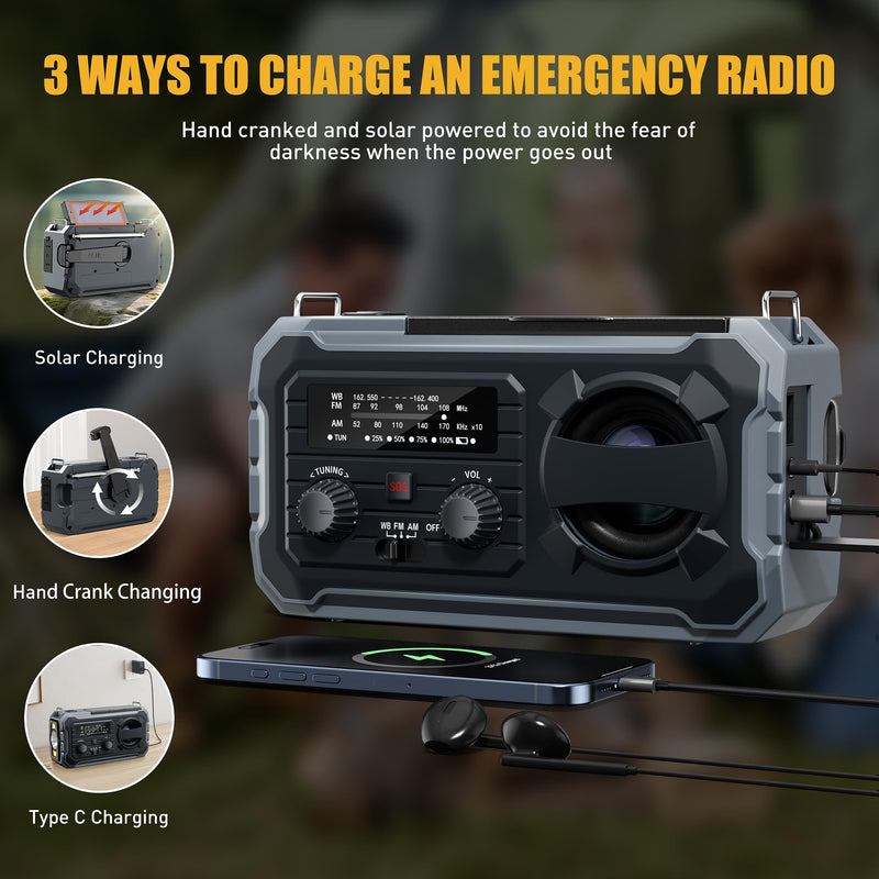 Hand Crank Emergency Radio, 10000mAh Weather Radio with AM/FM/NOAA, Solar Prower, SOS Alarm, Phone Charging, LED Flashlight, Portable Survival Gear for Outdoor & Home Emergencies Kits, Grey