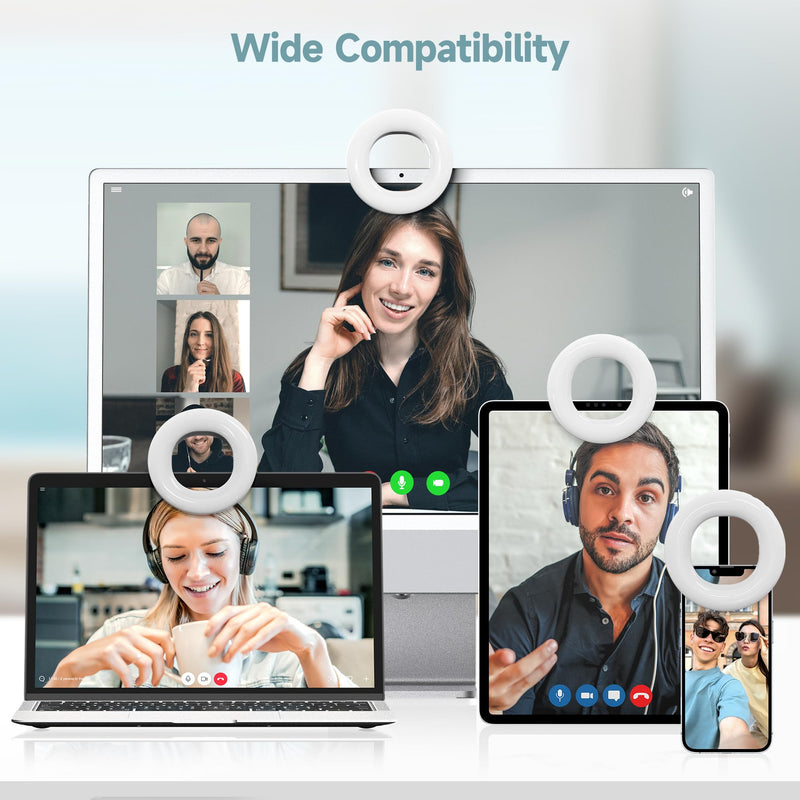 Clip on Ring Light, Rechargeable Selfie Fill Light, Portable Selfie Ring Light with 3 Adjustable Light Modes, Video Conference Light for iPhone, Laptop, iPad, Zoom Meeting, Make up, Video
