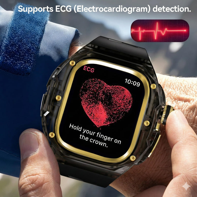 Rugged Case with Band Compatible with Apple Watch Ultra 3/2/1 49mm, [ECG Function Supported] Metal Bumper Protective Cover with One-Click Pop-Up Design,Sport Strap for Men Gold&Black