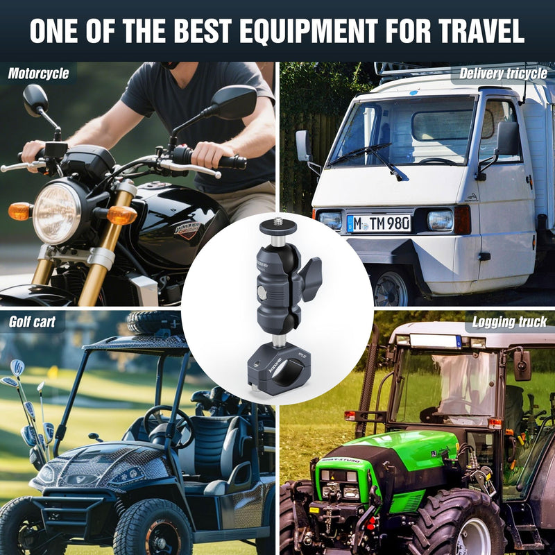 Sport Camera Holder with 1/4" Thread Ball Adapter, Install 22-32mm Diameter Round Bars, 25mm Ball, Aluminum, U-Bolt Base for ATV/Scooter Handlebar (KCB-2) KCB-2 Suitable for 0.85“ to 1.14” rails