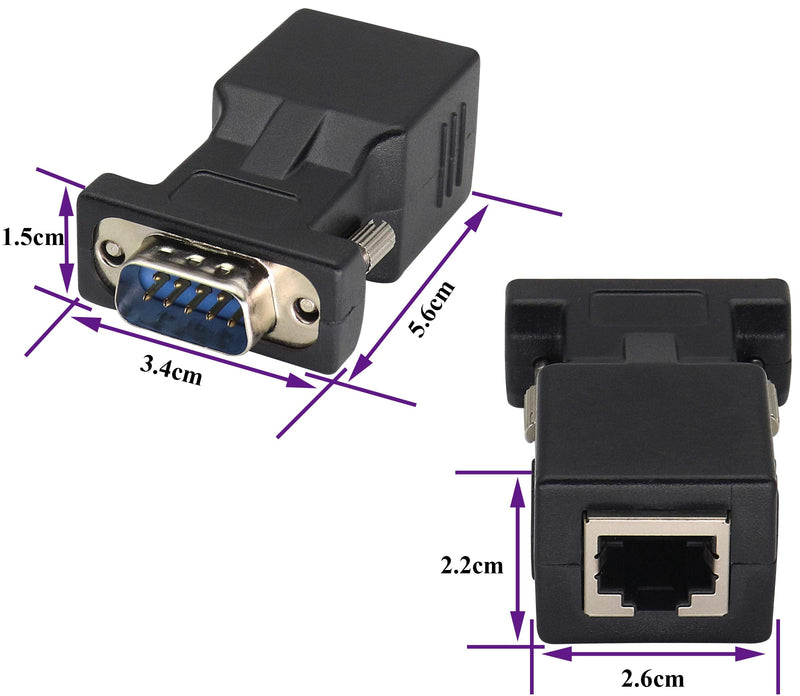 AOTOKK RJ45 to DB9 RS232 Adapter 9-Pin Serial Port RS232 Male to RJ45 Female CAT5 CAT6 Ethernet LAN Extend Converter, Network to DB9 Serial Port Coupler Extender Adapter (2 Pack-Male)