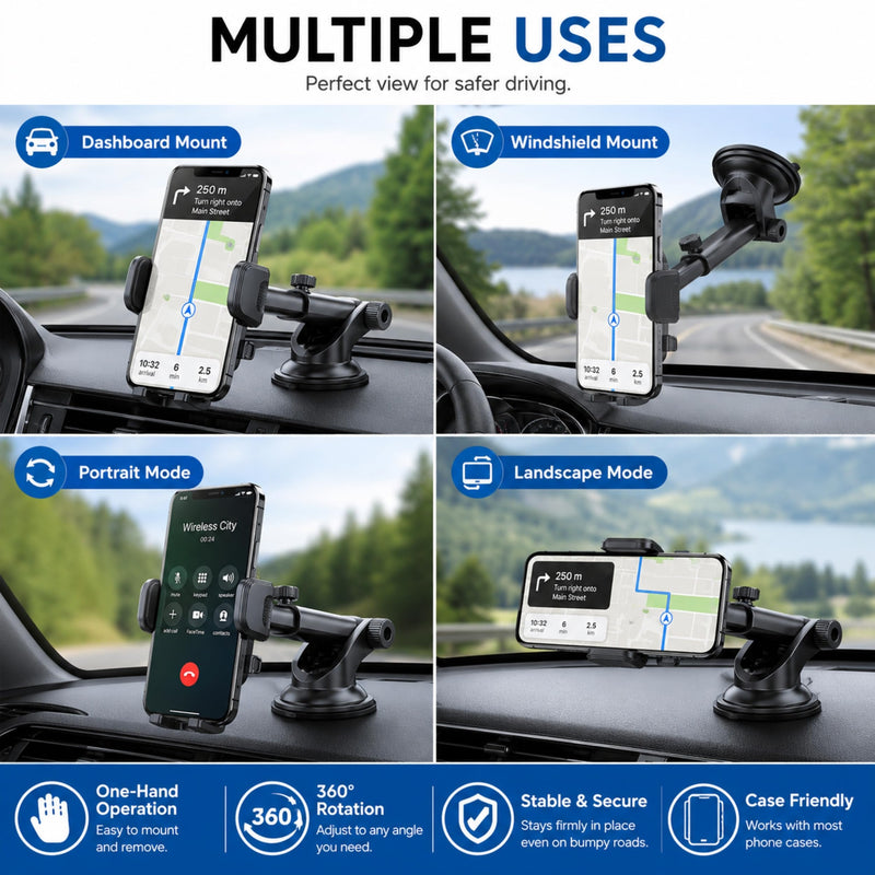 Wireless City Car Phone Holder, Ultra Stable, Big Phones & Thick Case Friendly, Adjustable Long Arm Cell Phone Holder for Car Dashboard Windshield Car Mount