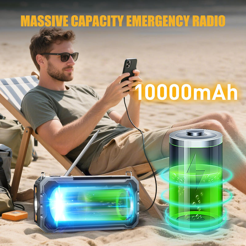 Hand Crank Emergency Radio, 10000mAh Weather Radio with AM/FM/NOAA, Solar Prower, SOS Alarm, Phone Charging, LED Flashlight, Portable Survival Gear for Outdoor & Home Emergencies Kits, Grey