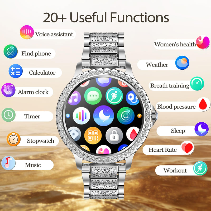 Smart Watch for Women with Diamonds, Bluetooth Calls, 1.32'' Full HD Screen Fitness Tracker with Multiple Sports Modes/Heart Rate/Sleep Monitor, IP68 Waterproof for Android iOS, Elegant Silver
