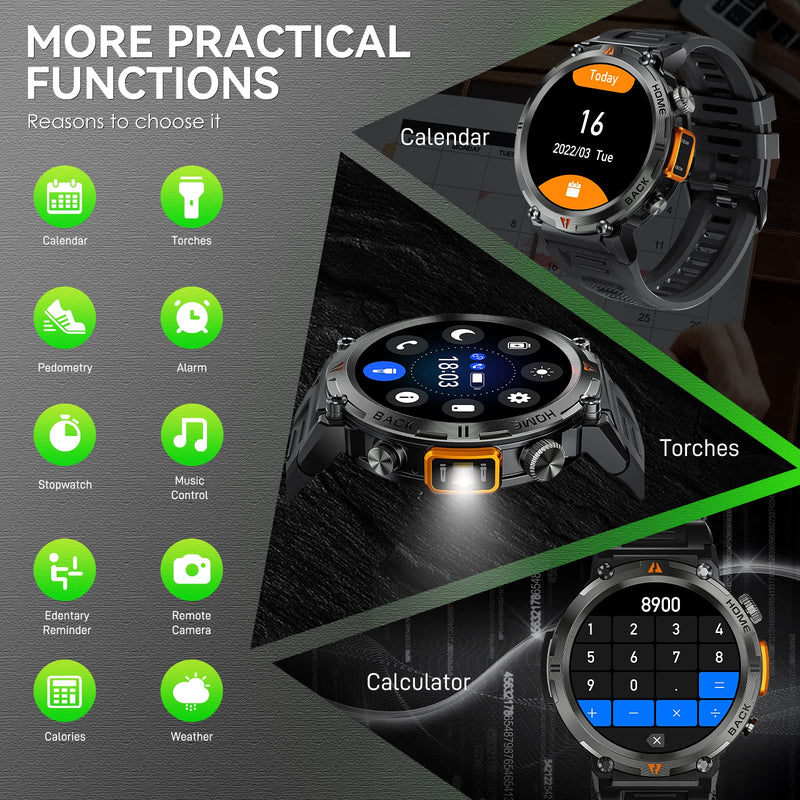 Military Smart Watch for Men with LED Flashlight 1.45" HD Bluetooth Calling | Rugged Tactical Smartwatch, Outdoor Sports Fitness Tracker Watch with Heart Rate Sleep Monitor for iPhone Android Phone Black + Extra Stainless Steel Band