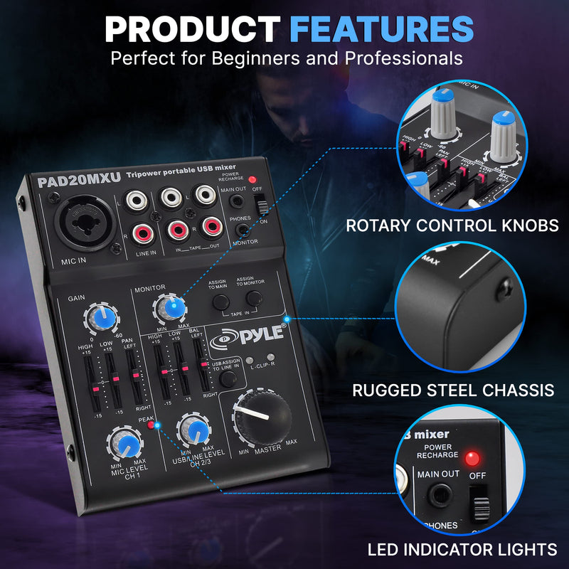 Pyle 5-Channel Professional Audio Mixer DJ Sound Board – Compact Music Mixer with USB Interface, EQ Controls, XLR Mic Input, 18V Phantom Power, Rechargeable Battery – USB/Line/Master Controls
