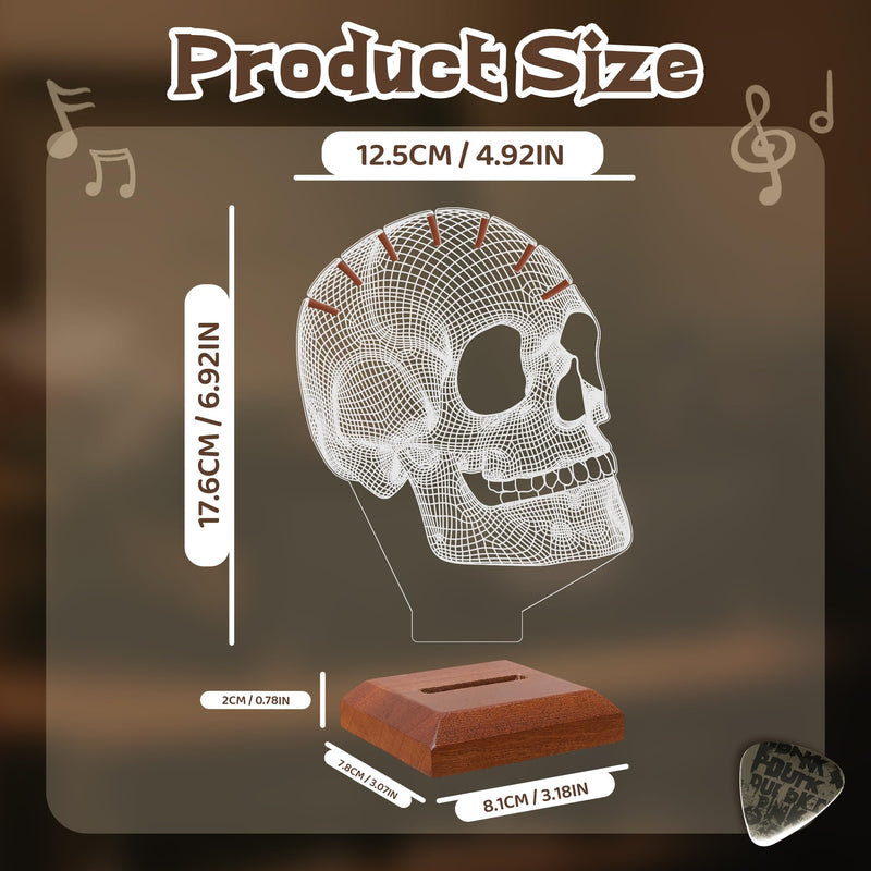 Light Up Guitar Pick Holder, Acrylic Skull Pick Holder with Wooden Base for Picks Storage and Display, Gift for Guitar Players Guitarists