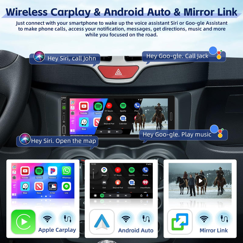 [Fuluku] 6.9 Inch Single Din Car Stereo with Wireless Carplay Android Auto | Wireless Carplay Android Auto,1 Din Car Radio BT with Backup Camera, Mirror Link, FM, EQ, USB/Type-C/Aux Input, Mic, SWC