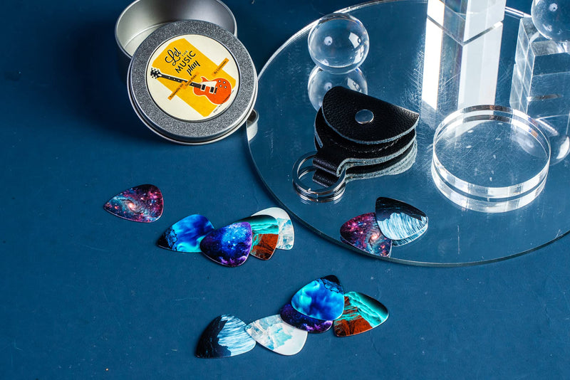 Guitar Picks - Cheliz 12 Medium Gauge Celluloid Guitar Picks In a Box W/Picks Holder. Unique Guitar Gift For Bass, Electric & Acoustic Guitars (Natural Image) 12 packs Natural Image