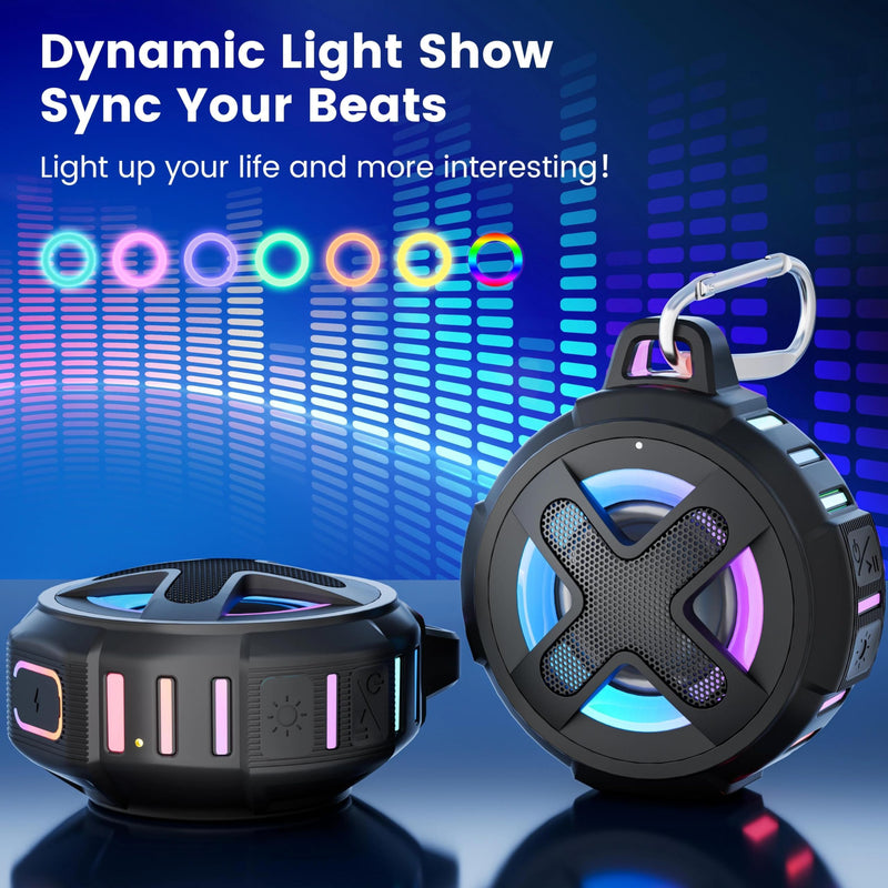 [AUSTRALIA] - Upgraded, IP67 Waterproof Bluetooth Speaker, Silicone Case,10W Pro Sound&Deep Bass,24H Playtime, with Lights,Clip,Floating,for Shower,Beach essentials, Kayak Paddle Board Boat Lake Camping accessories A-Black 