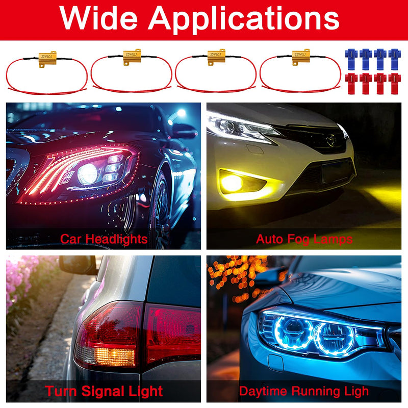 YIXISI 4 Pieces 25 W 6 Ohm Load Resistor for Car LED SMD Indicator Error Code Fix, with 8 Quick Cable Clips, for LED Indicator, LED Number Plate Light, DRL 25W 6ohm - 4pcs