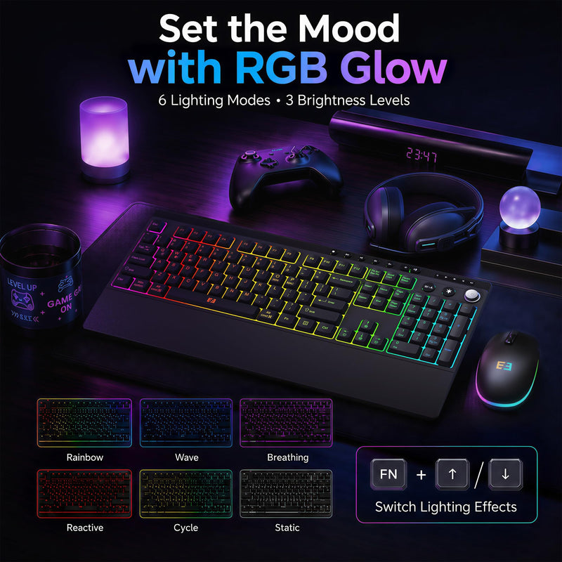 seenda Wireless Gaming Keyboard and Mouse, RGB Backlit & Web Customizable | Multi-Device Connection, Programmable, Full Size Rechargeable Keyboard with Wrist Rest & 7200 DPI Mouse for PC/Mac/Laptop Black