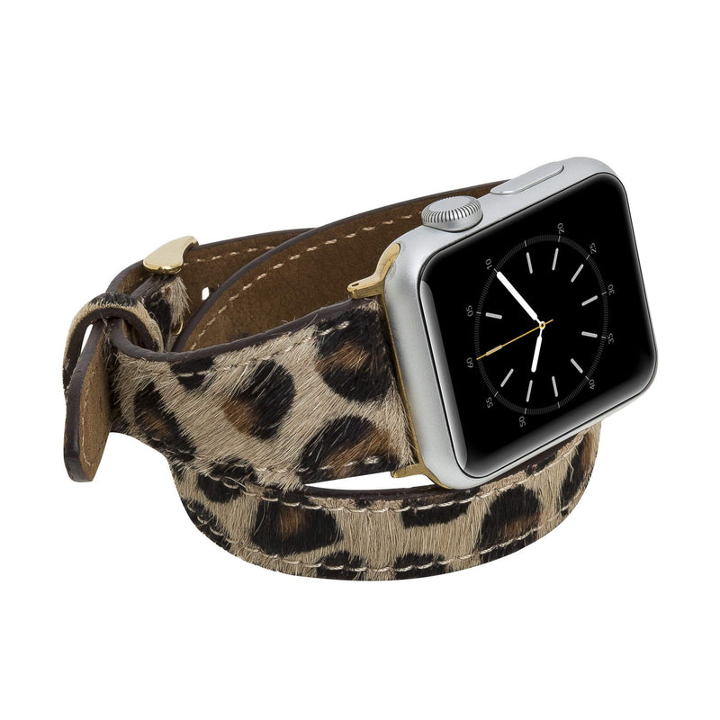 Venito Serena Slim Double Wrap Leather Watch Band Compatible with Apple Watch iwatch Series 1, 2, 3, 4, 5, 6, 7, SE (Furry Leopard w/Gold Stainless Steel Hardware, 38mm-40mm)