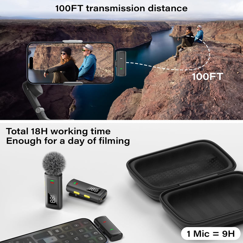 Bunog Wireless Lavalier Microphone for iPhone - Mini Lapel Mic with Crystal Sound, Battery Level Display, Noise Cancellation for YouTube/Tiktok/Podcast/Vlog