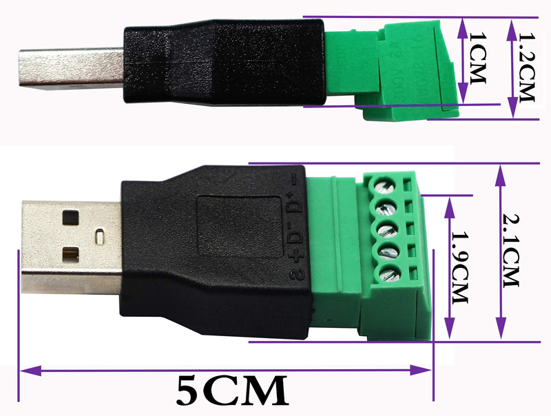 AAOTOKK USB 2.0 A Screw Terminal Block Adapter USB 2.0 A Male to 5 Pin/Way Female Bolt Screw Shield terminals Pluggable Type Adapter Connector for Charging and Data Transfer (2Pack/Male)