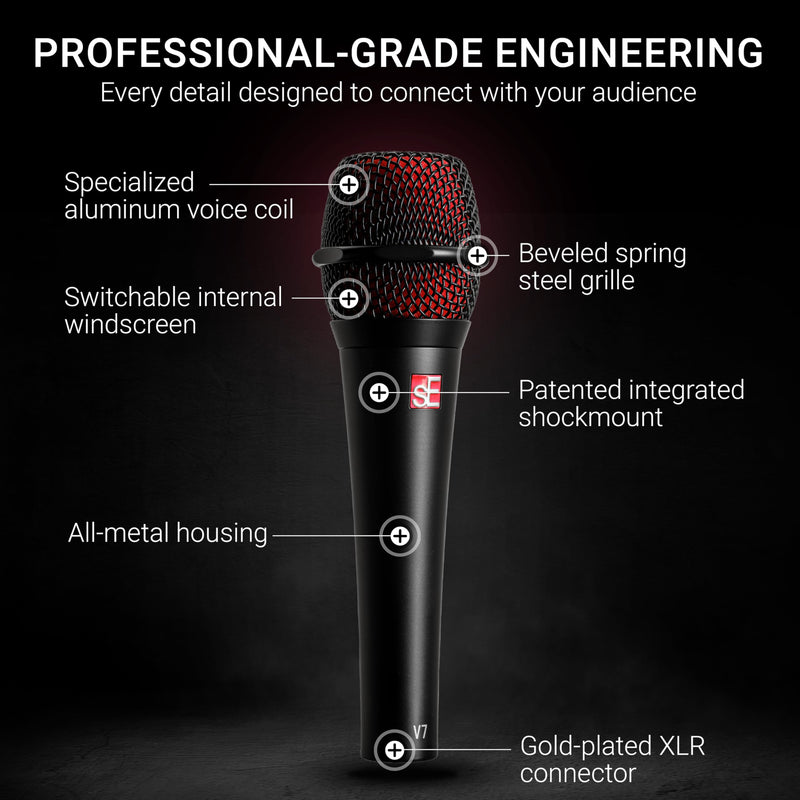 SE ELECTRONICS V7 Dynamic Microphone for Singing, Speech & Studio Recording - XLR Handheld Professional Microphone with Supercardioid Aluminum Voice Coil for Huge Gain Before Feedback - Grey V7 - Gray