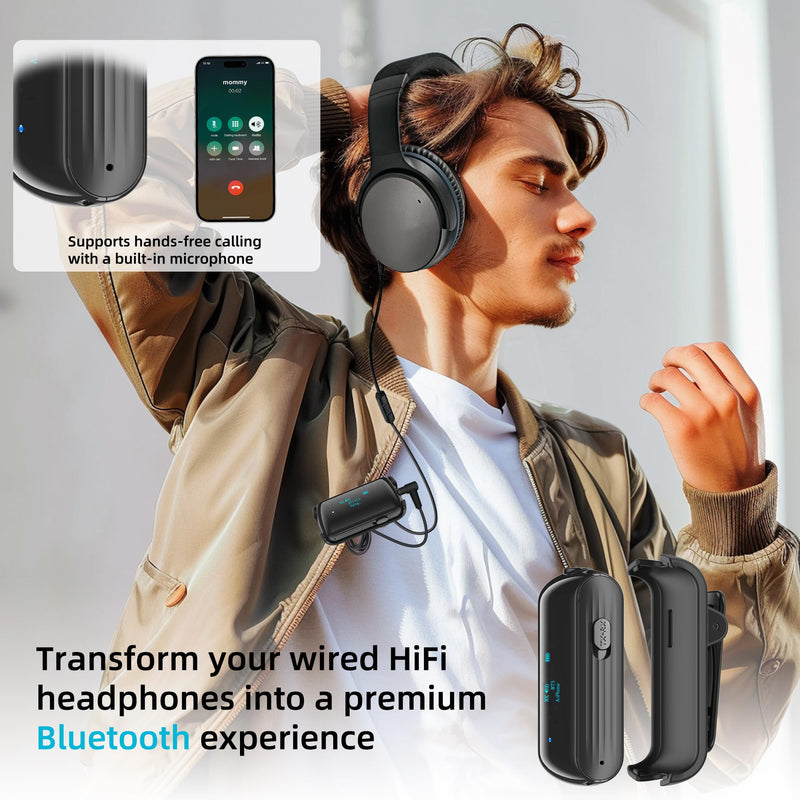 Bluetooth Transmitter Receiver for 2 AirPods/Headphones, Flight Bluetooth 5.2 Adapter for Airplane, TV, Gym and PC with a 3.5mm Audio Jack, Wireless BT Receiver with Mic for Car/Home Stereo Black