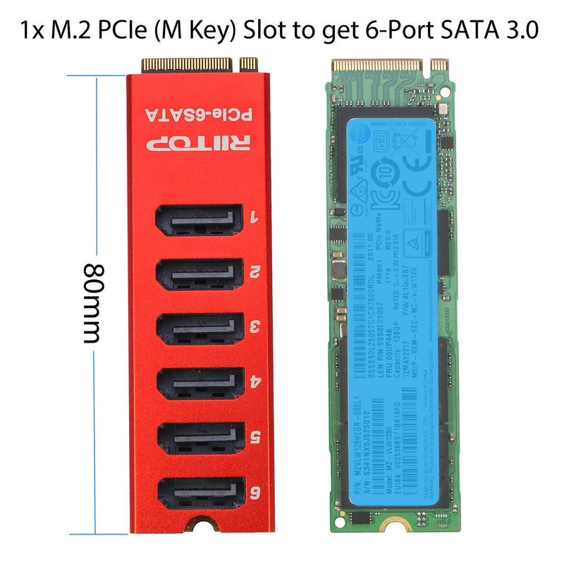 M.2 to SATA Adapter [6-Port], M2 NVMe to SATA 3.0 Card ASM1166 Chipset with Aluminum Housing for SSD/HDD up to 6Gbps Red