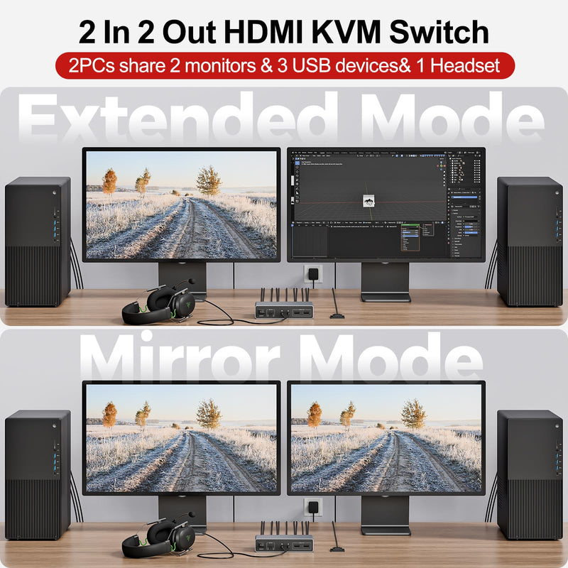 Unitek KVM Switch 2 Monitors 2 Computers HDMI Dual Monitor 4K@60Hz | 2 PC 3 USB Ports for Keyboard Mouse Hard Drives Mic Headphone Jack DC 5V Adapter Controller Extended and Mirror Mode Aluminum Grey